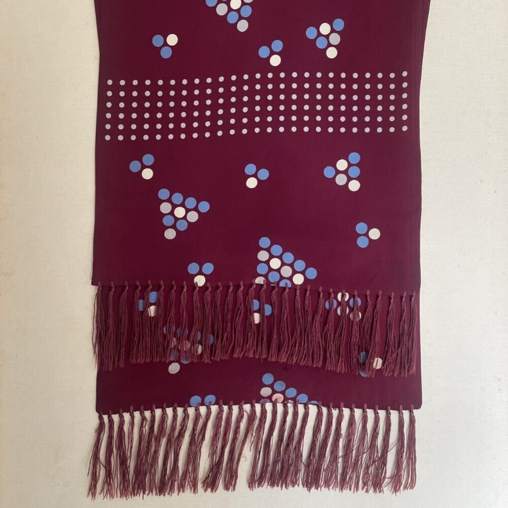 Burgundy, Cream, and Blue Geometric Polka Dot Vintage Fringe Opera Scarf